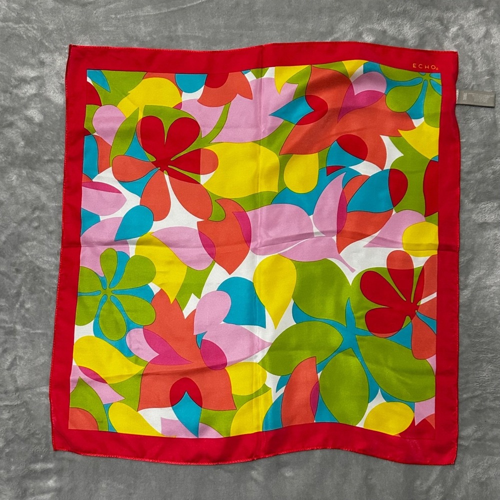 Echo Multicolor Floral Red Square 100% Silk Scarf Designed  20" x 20"